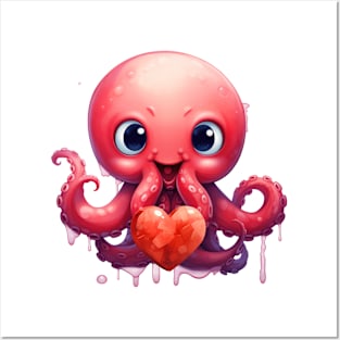 Valentine Octopus Holding Heart Posters and Art